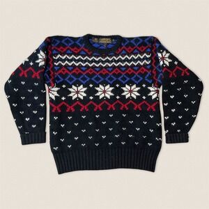 Vintage Eddie Bauer 100% Wool Fair Isle‎ Snowflake Black Sweater Mens Medium